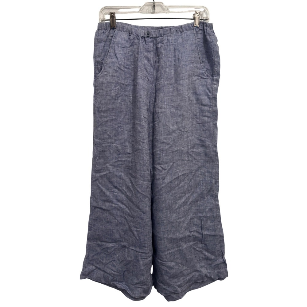 NIC+ZOE Wide Leg Linen Blend Pants Blue Elastic Waist Pockets Size S Coastal